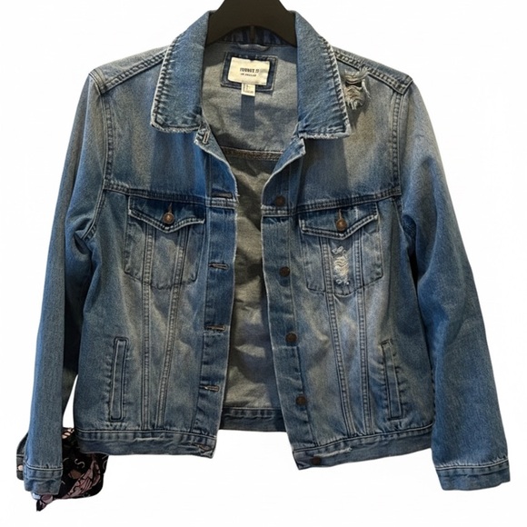 Forever 21 J'adore Le Rock N Roll Denim Jacket Large Distressed Blue - Picture 2 of 8